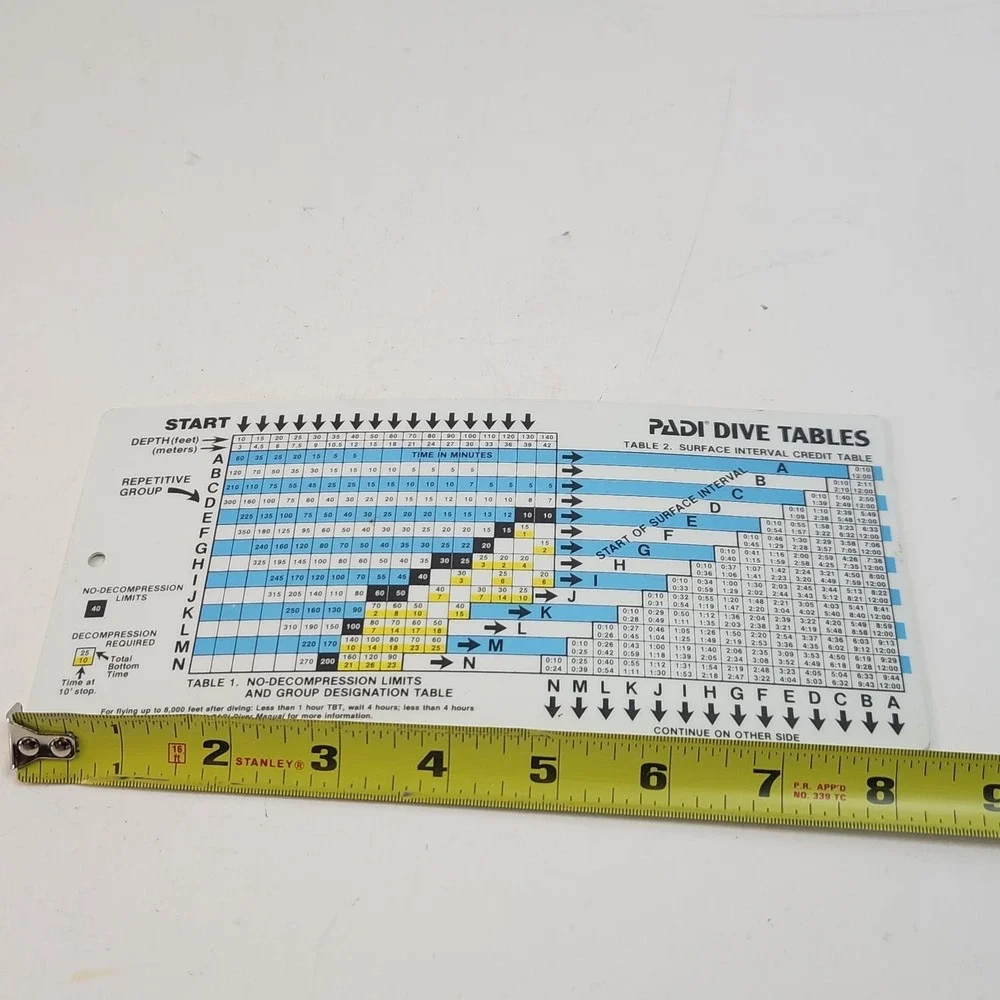 PADI DIVE TABLES Chart -‎ 1983 Plastic Waterproof Laminated